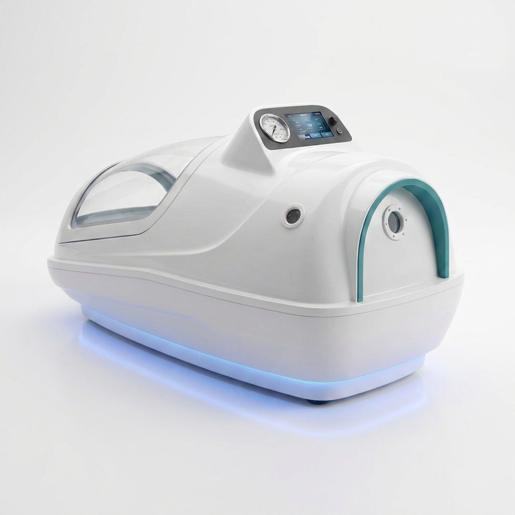 Hyperbaric Oxygen Chamber Engineered for Recovery, Advanced Pressure Control, Blue LED Therapy, Home Wellness — Studio Shot