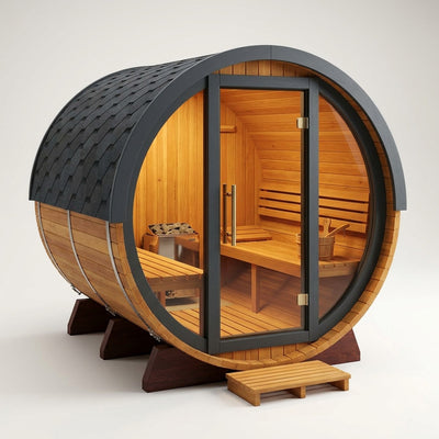 Outdoor Barrel Sauna Crafted for Wellness Retreats, Cedar Wood Construction, Glass Door, Six Person Capacity