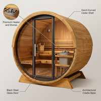 ThermoLoom BarrelView Outdoor Sauna — infographic