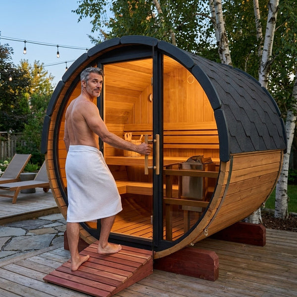 Outdoor Barrel Sauna Crafted for Wellness Retreats, Cedar Wood Construction, Glass Door, Six Person Capacity