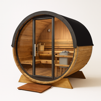 Outdoor Barrel Sauna Crafted for Wellness Retreats, Cedar Wood Construction, Glass Door, Six Person Capacity