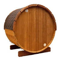 Outdoor Barrel Sauna Crafted for Wellness Retreats, Cedar Wood Construction, Glass Door, Six Person Capacity